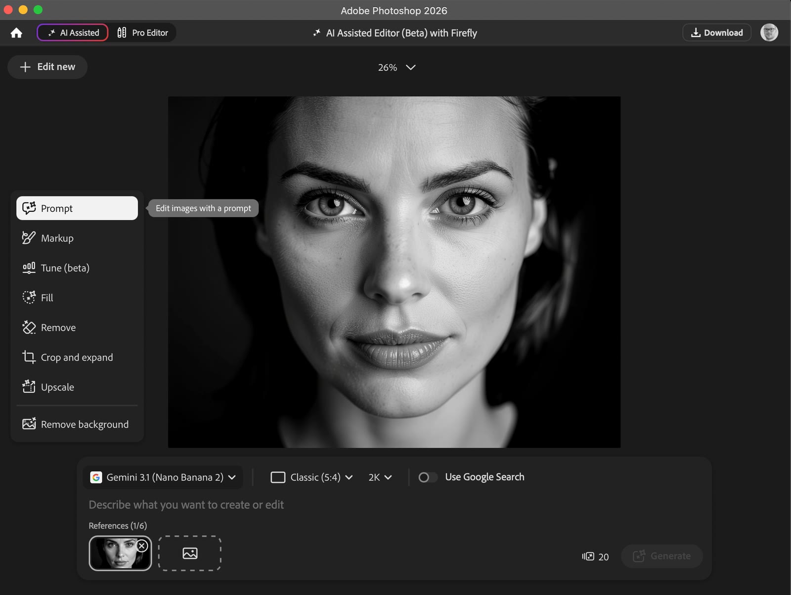 Photoshop AI Assisted Editor beta with Firefly showing Prompt, Markup, Tune, Fill, Remove, Crop and expand, Upscale, and Remove background beside a portrait