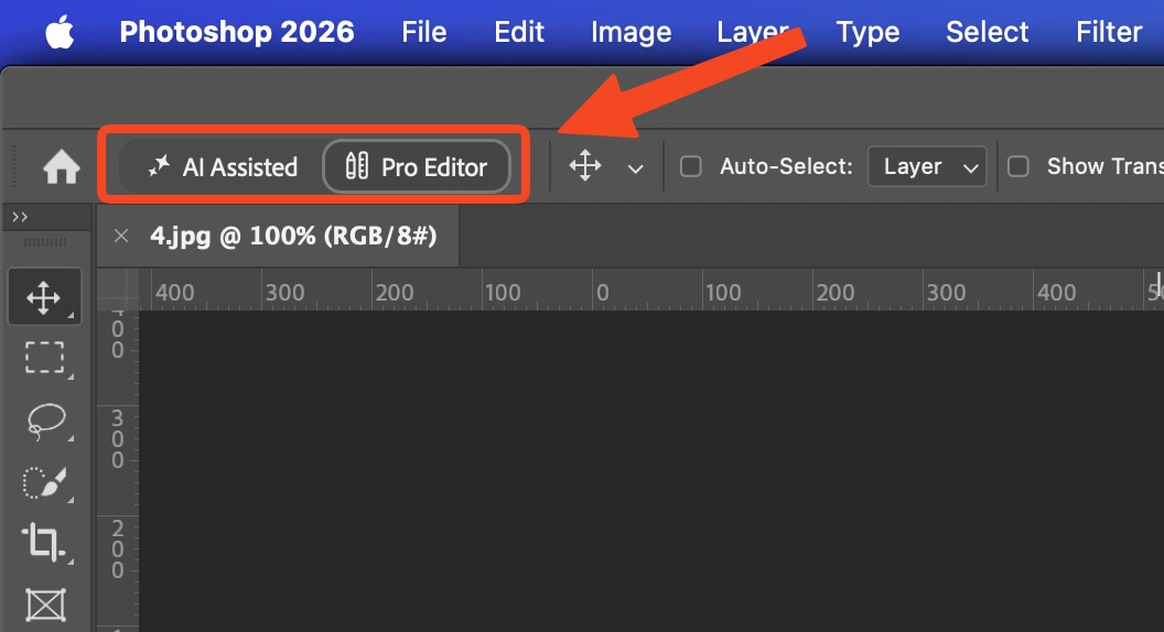Adobe Photoshop 2026 options bar with the AI Assisted vs Pro Editor toggle, Pro Editor selected, and an arrow pointing at the switch