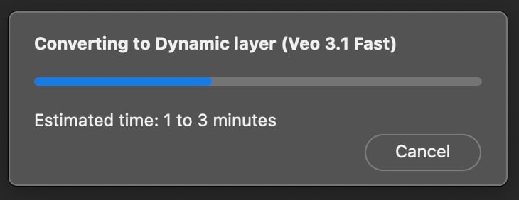 Photoshop progress dialog converting a generated edit to a Dynamic Layer with Veo 3.1 Fast, estimated time 1 to 3 minutes
