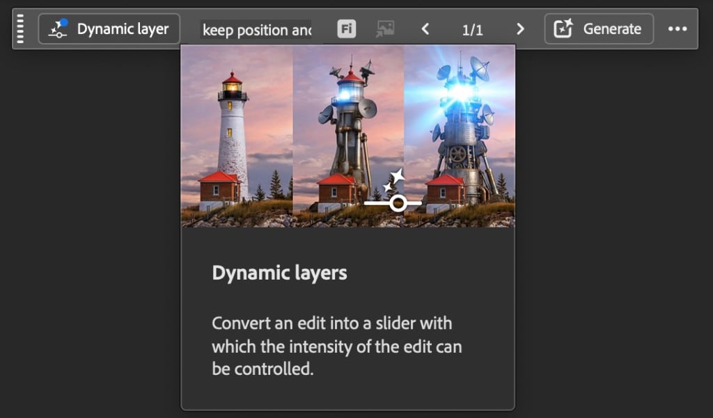 Photoshop Dynamic Layer coach mark showing a lighthouse edit with an intensity slider from the original scene to the generated result
