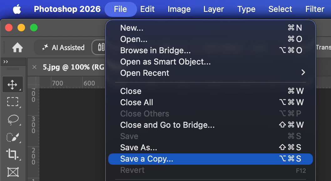 Adobe Photoshop 2026 File menu with Save a Copy highlighted below Save As, showing the Option-Command-S shortcut
