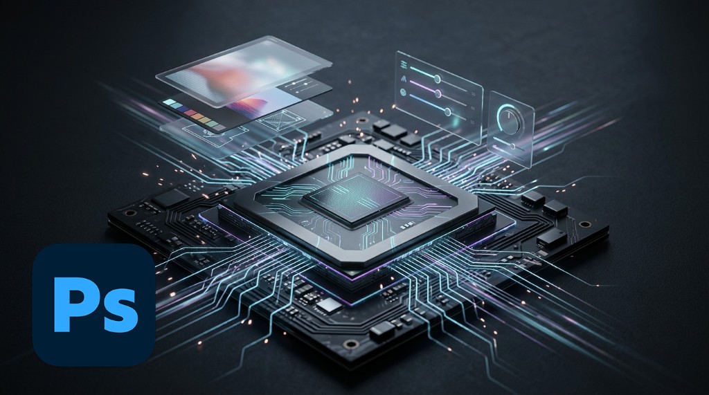 Concept illustration of a glowing GPU chip with holographic Photoshop layers and filter controls, representing the speed and real-time features of Adobe's NextGen Engine