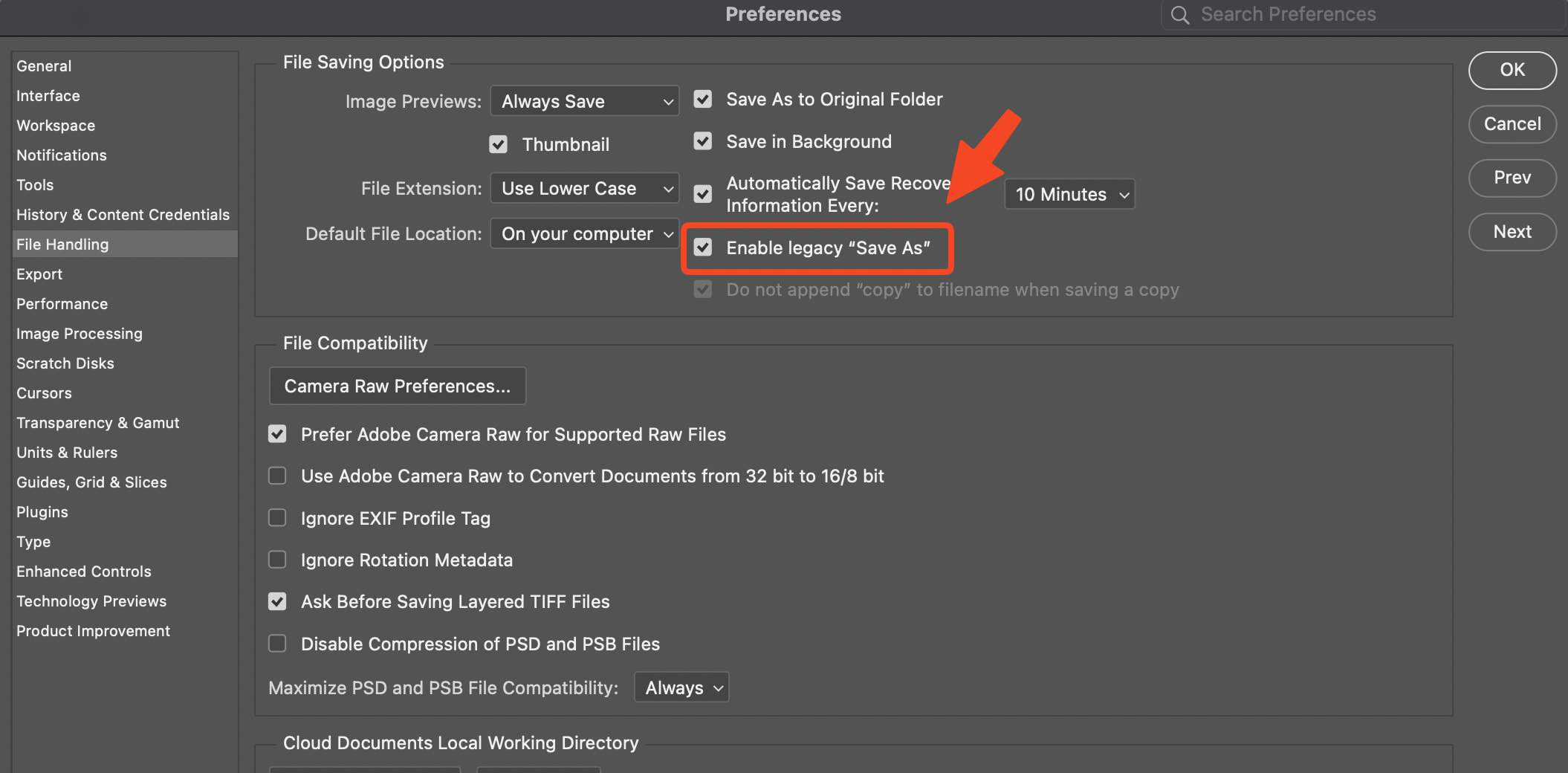 Adobe Photoshop File Handling preferences with Enable legacy Save As checked under File Saving Options