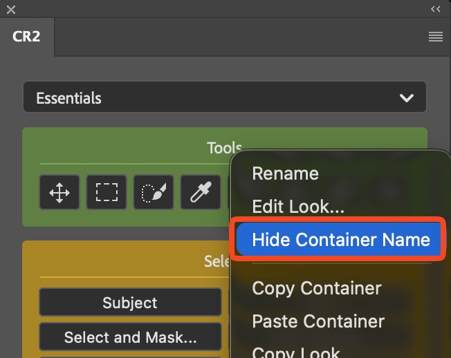 Hide or show a container name from the container context menu
