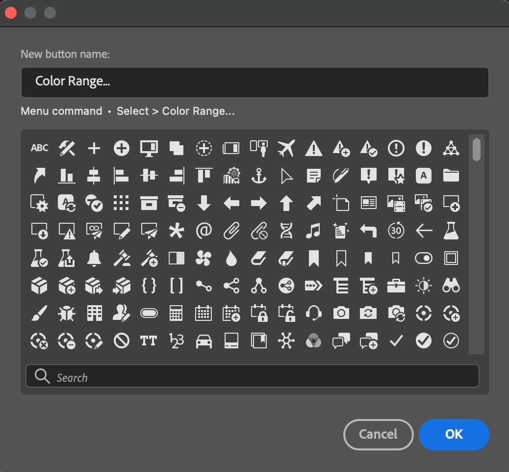 A larger rename dialog listing more icons alphabetically
