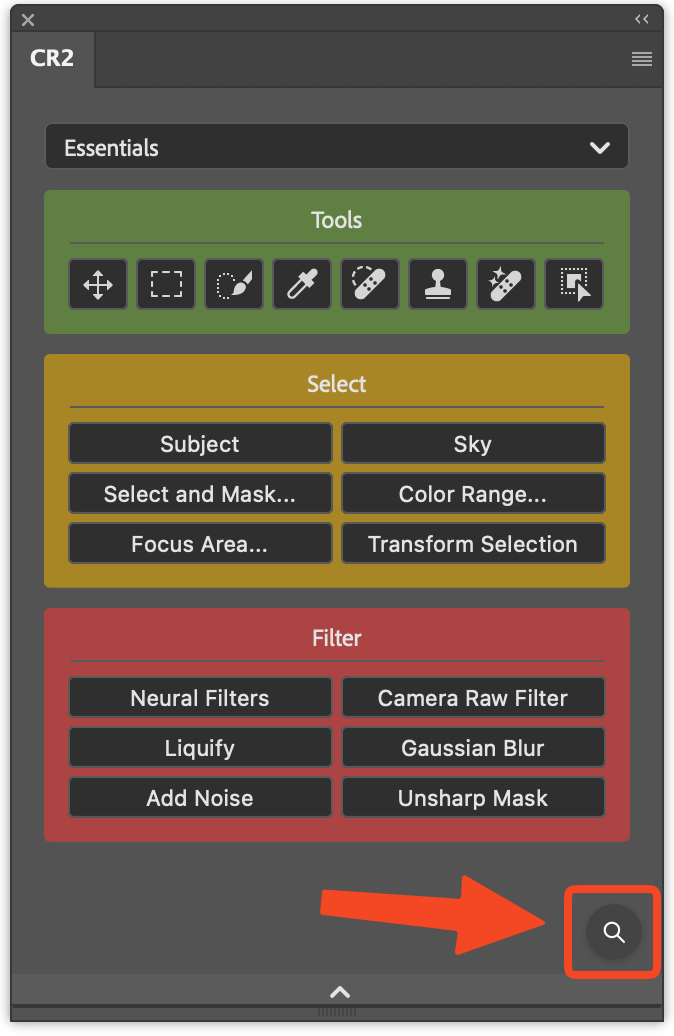 Configurator Reloaded panel showing the Command Search magnifying glass icon in the bottom right corner