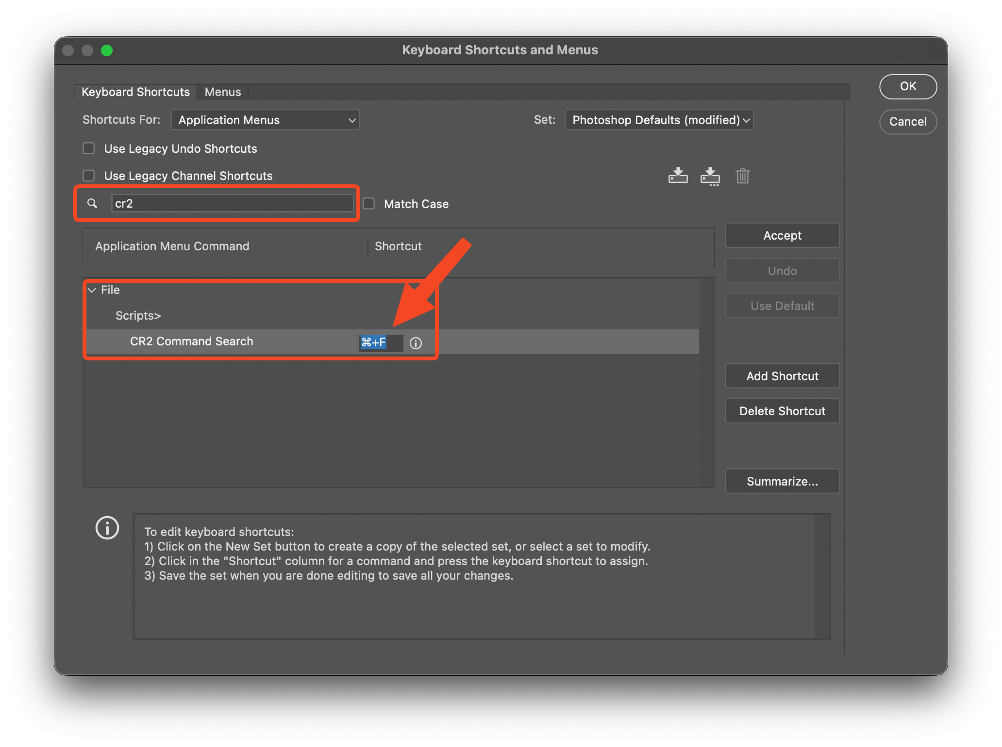 Keyboard Shortcuts and Menus: search for cr2, select File, Scripts, CR2 Command Search, then click the Shortcut column and press your keys