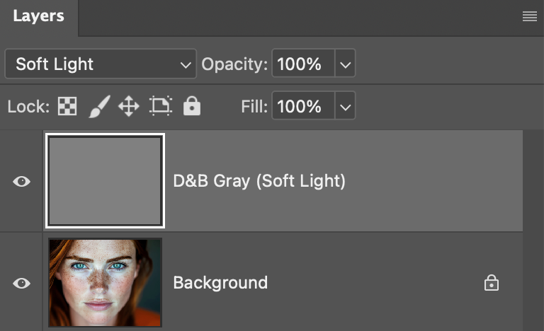 D&B Gray (Soft Light) layer setup in Photoshop for dodge and burn
