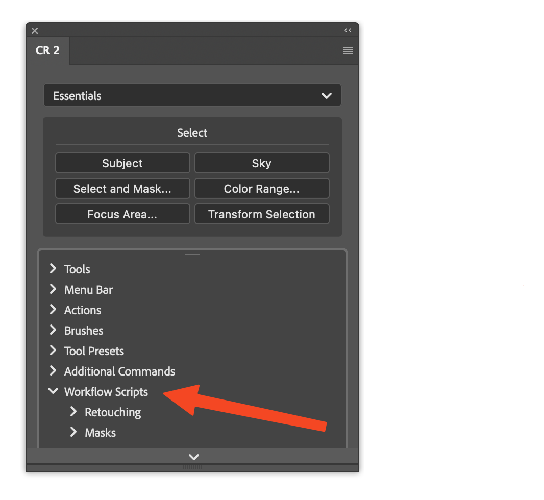 Workflow Scripts section in the CR2 plugin showing Retouching and Masks categories